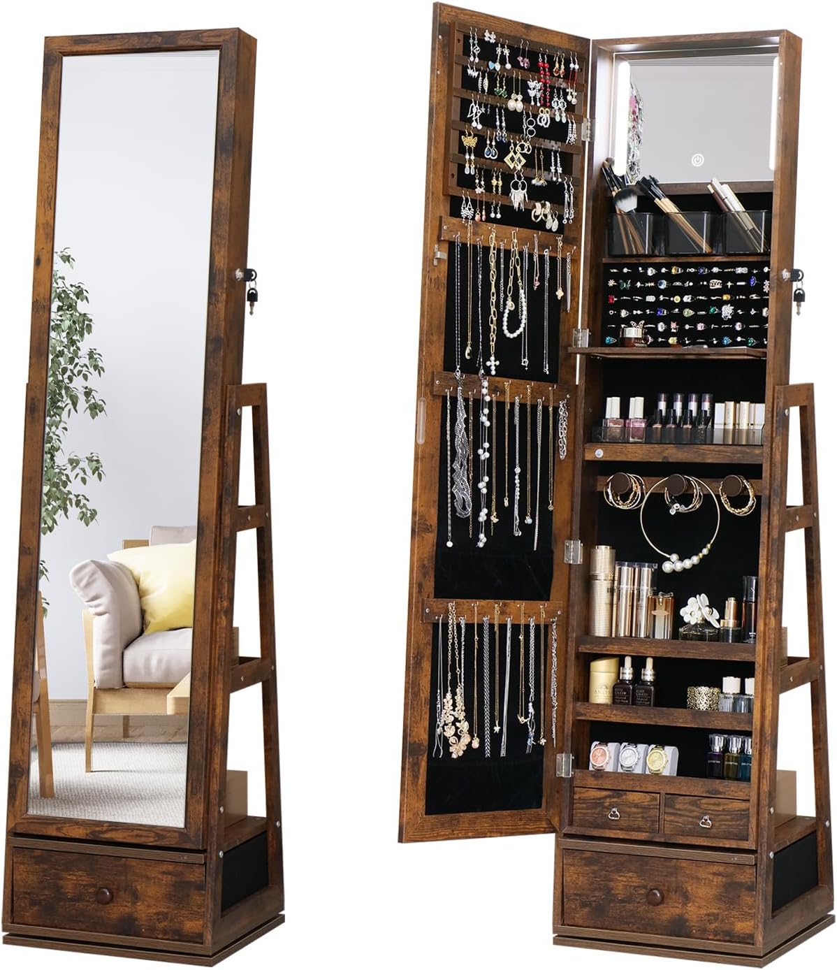 Rotatable Full Length Mirror Jewelry Cabinet Standing With Built-In Mirror - 63.7”H Lockable Jewelry Armoire With Mirror Drawers and 3 Storage Racks Christmas Gift for Wife White