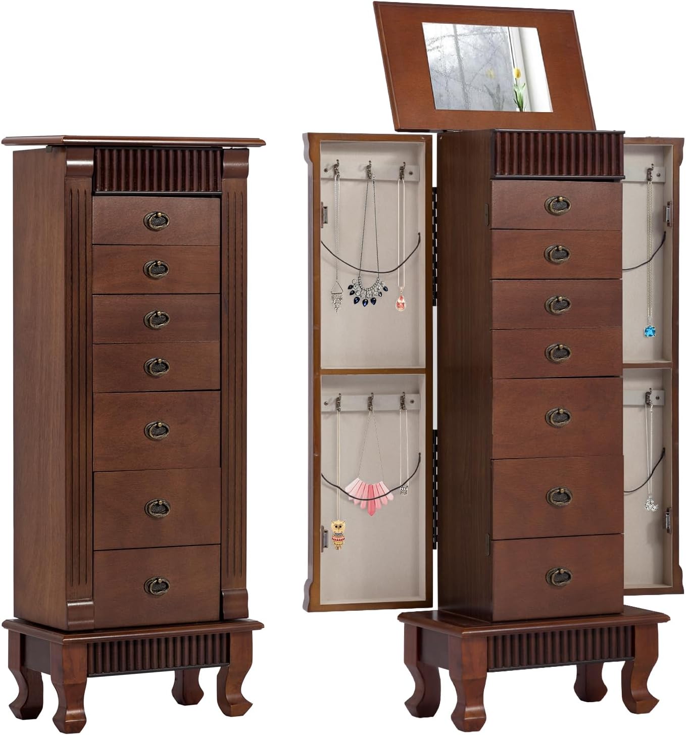 PayLessHere Wooden Jewelry Cabinet Jewelry Organizer Cosmetic Storage Cosmetic Armoire with 2 Side Doors 7 Drawers and Flip-Top Mirror for Makeup