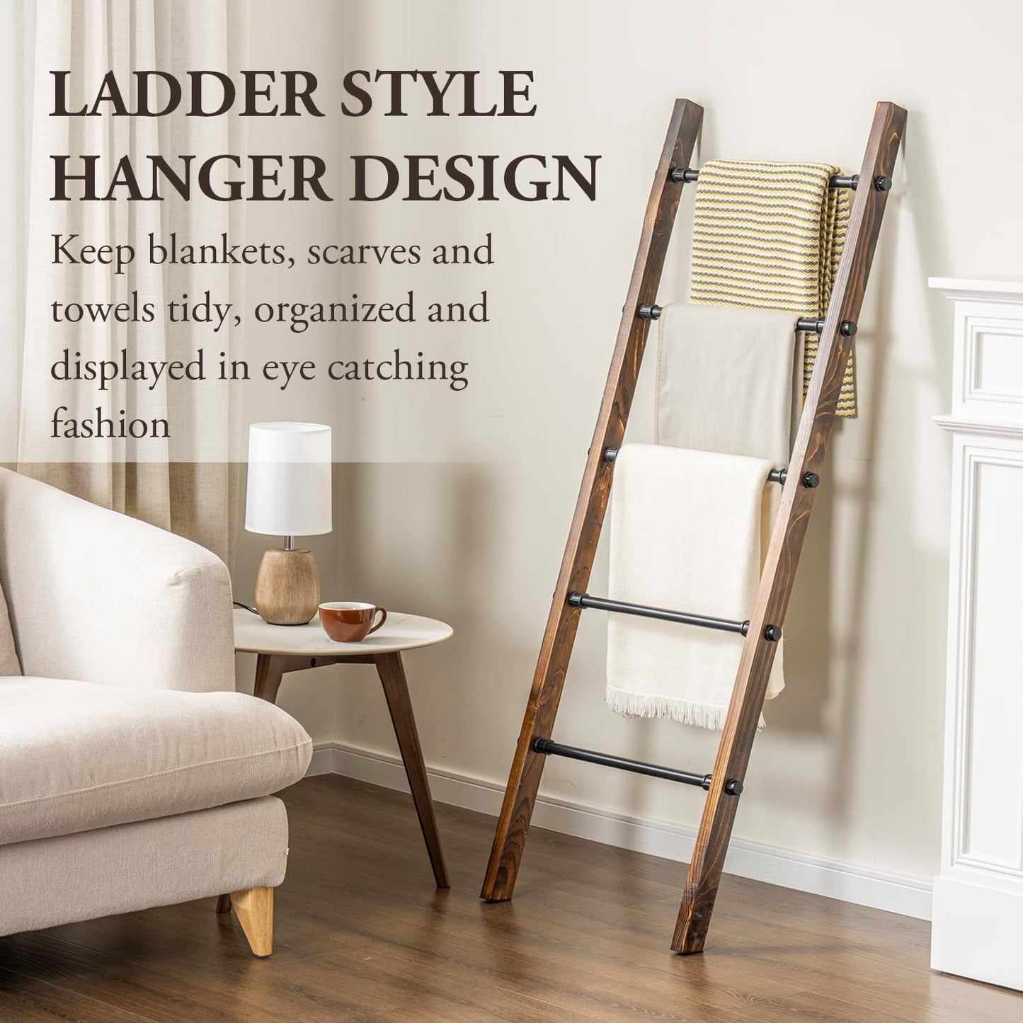 MyGift Rustic Blanket Ladder, Burnt Wood Throw Quilt Rack, Farmhouse Style with 5 Black Metal Rungs, Bathroom Towel Ladder Storage Rack