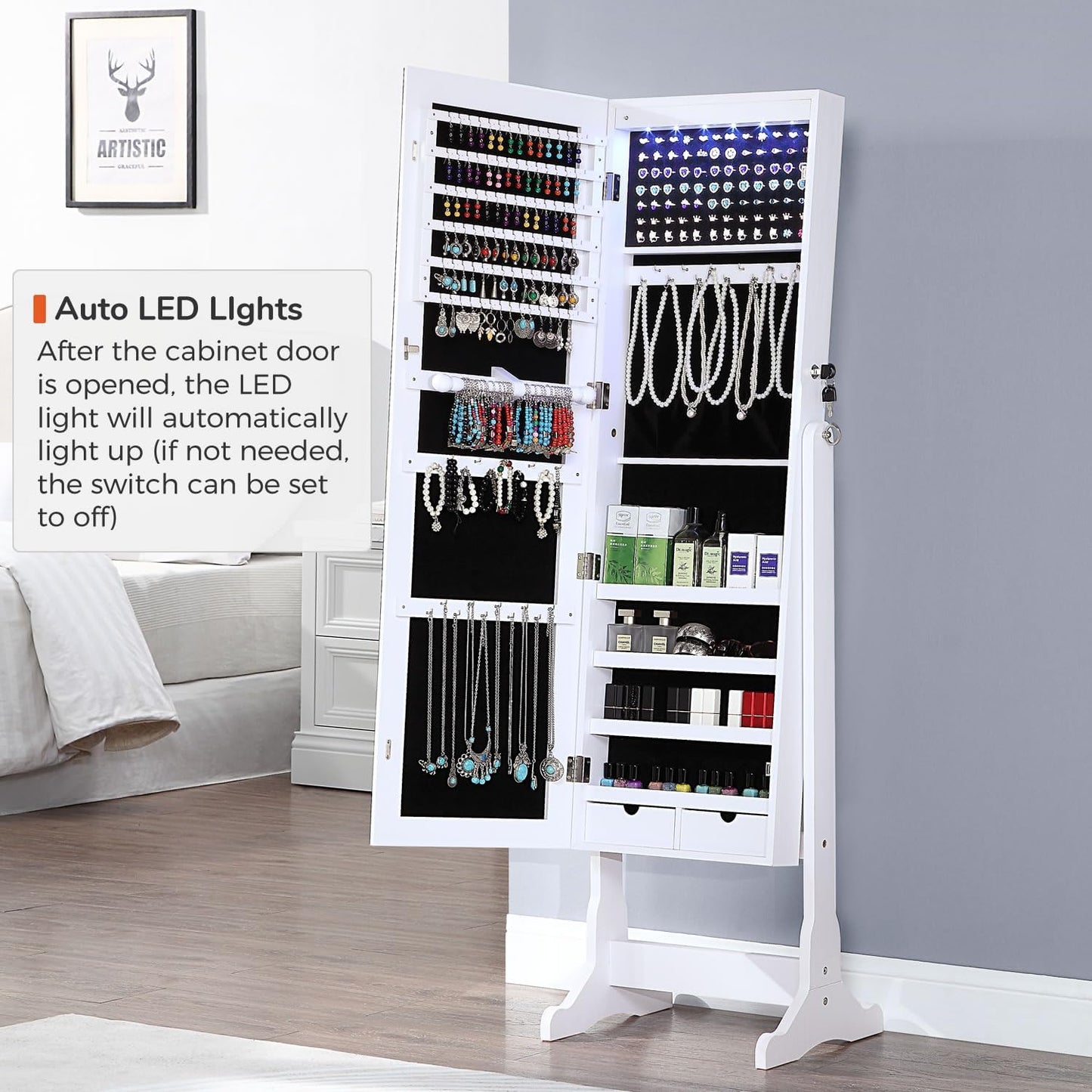 GISSAR Jewelry Organizer Full Length Mirror Jewelry Cabinet Standing/Wall/Hanging Door Jewelry Armoire Storage with Lights, Lockable, White