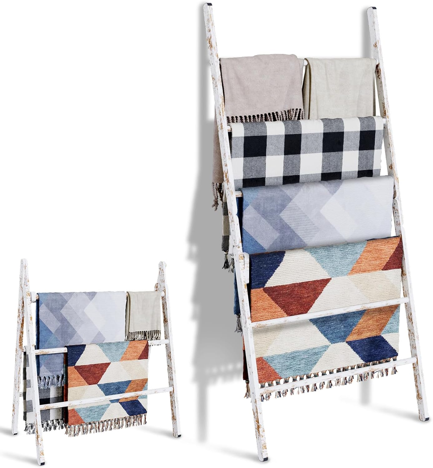 6-Tier Wide Double Blanket Ladder Wood, Rustic Decorative Towel Rack for Big Blanket, Towel, Quilt, Clothes, Freestanding Blanket Holder Towel Ladder Decor Stand for Living Room, Bedroom, Brown