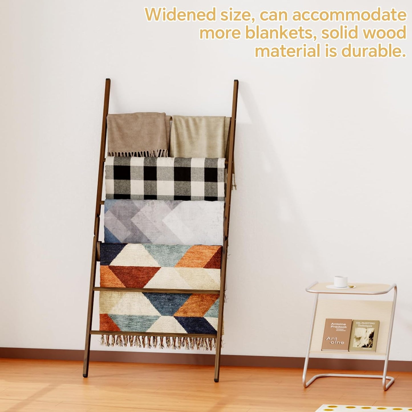 6-Tier Wide Double Blanket Ladder Wood, Rustic Decorative Towel Rack for Big Blanket, Towel, Quilt, Clothes, Freestanding Blanket Holder Towel Ladder Decor Stand for Living Room, Bedroom, Brown