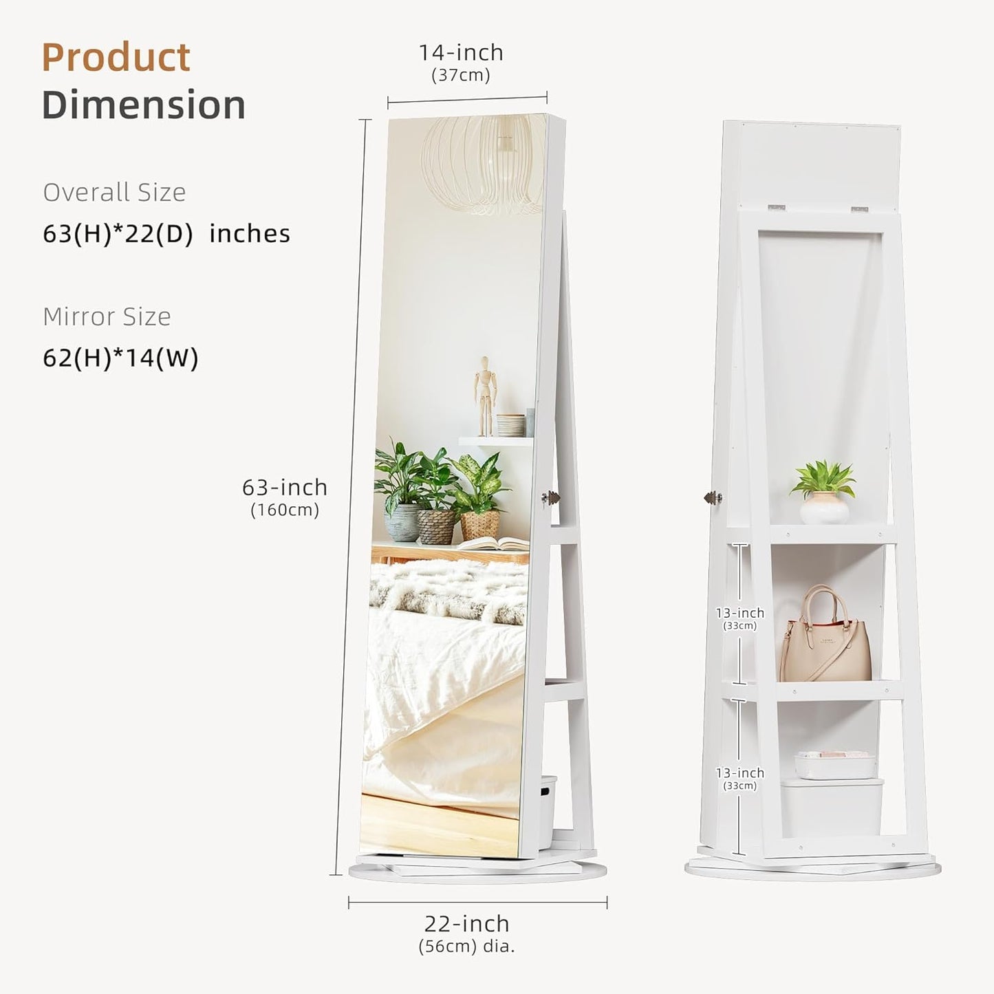 Full-Length Mirror Jewelry Cabinet with LED Lights, Lockable Jewelry Organizer with Mirror, 360° Swivel Wooden Jewelry Armoire, Standing Organizer for Women and Girls