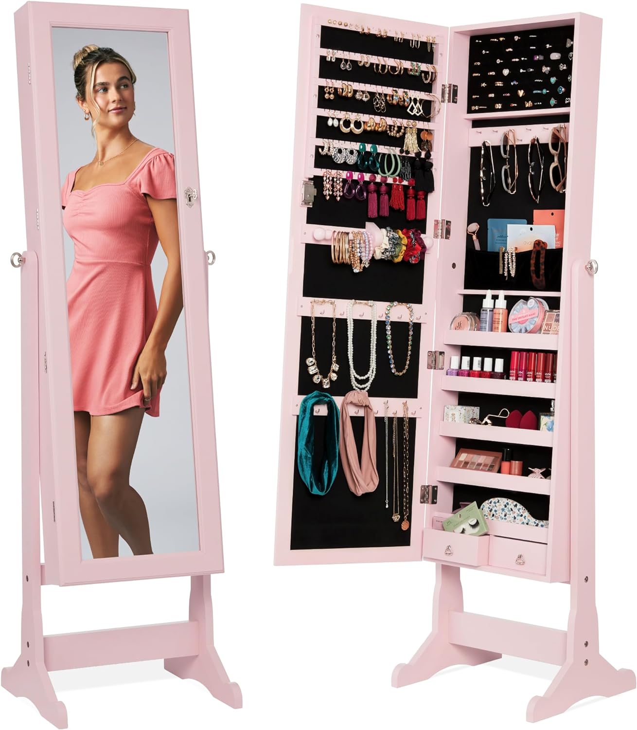 Best Choice Products Freestanding Jewelry Armoire Cabinet, Full Length Standing Mirror, Lockable Makeup Storage Organizer, w/Velvet Lining, 3 Angles, Lock, Accessory Pouch, 5 Shelves - White