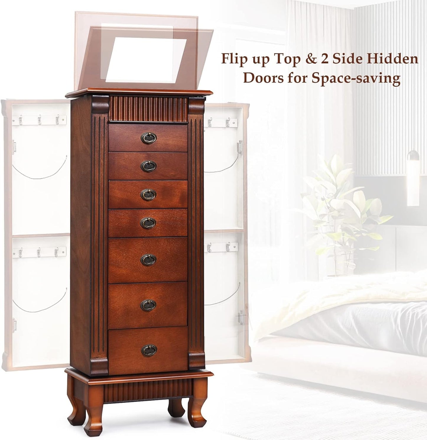 Standing Jewelry Armoire Cabinet, Large Jewelry Organizer Chest with 7 Drawers, 2 Swing Doors, 12 Necklace Hooks & Top Flip Makeup Mirror, Wooden Jewelry Box Storage Cabinet