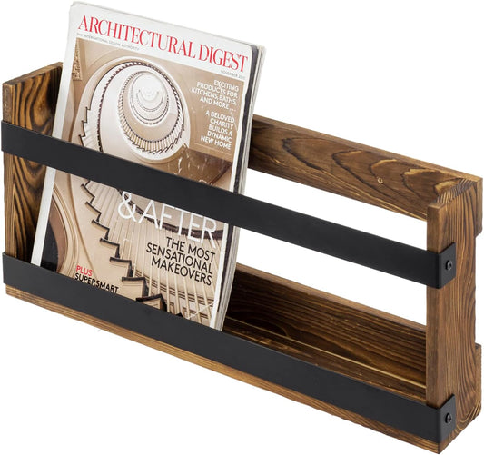 MyGift Rustic Burnt Solid Wood and Industrial Matte Black Metal Magazine Display Rack, Wall Mountable Double Wide Book Holder or Standing Organizer