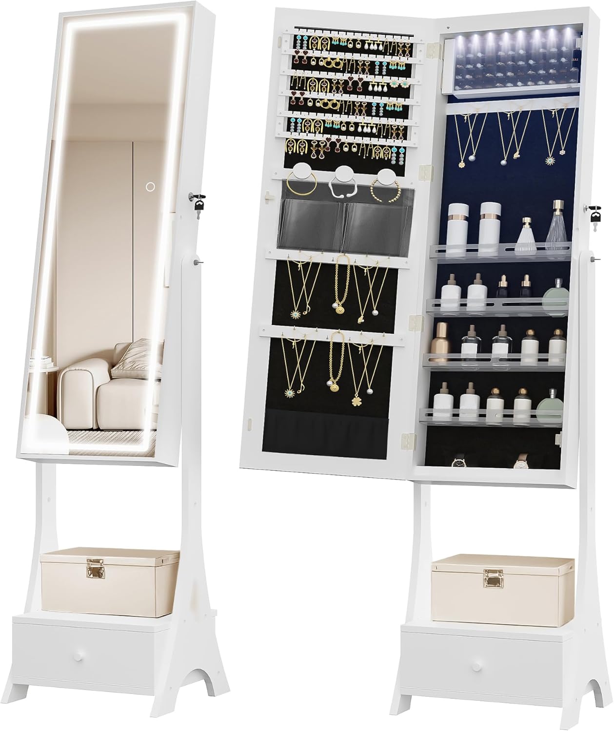 Jewelry Cabinet Armoire with Led Mirror, Full Length Mirror Storage, Lockable Standing Jewelry Mirror Cabinet, Jewelry Armoire Organizer with Drawer, Shelves, White JC35403B