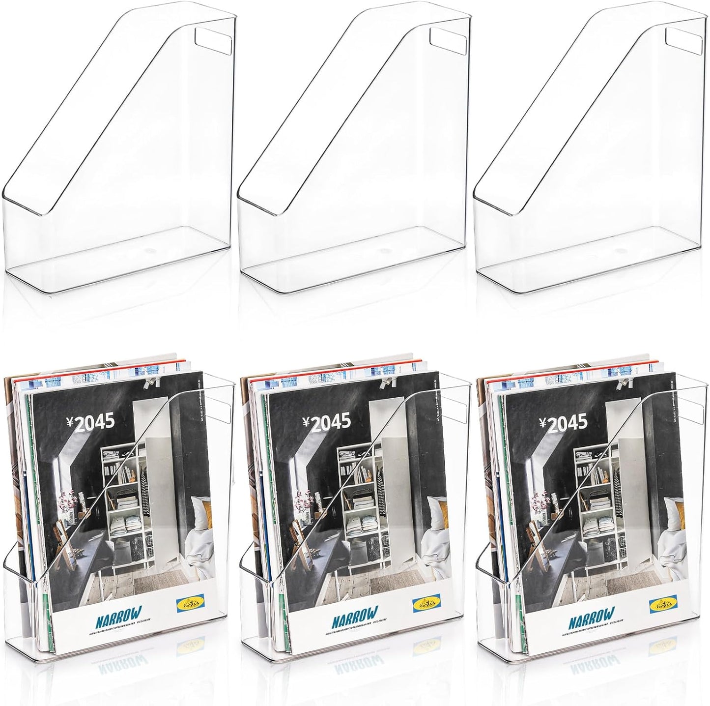 6 Pack Clear Magazine Holder, File Magazine Rack with Handle, Vertical Folder Document Storage, Magazine File Organizer for Desk, Office, Home, School