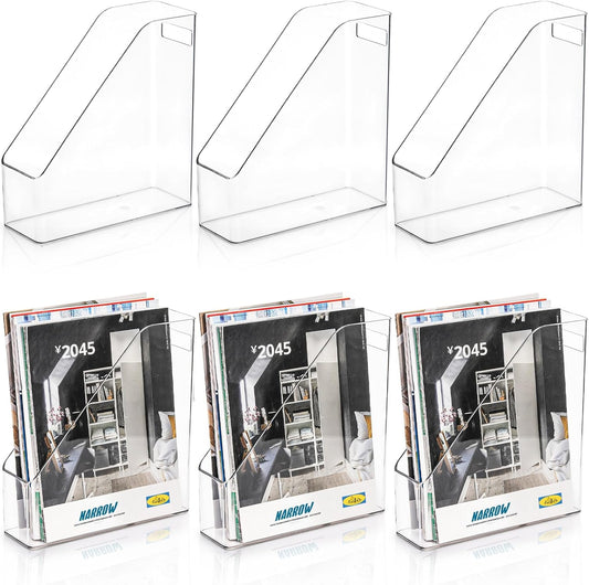 6 Pack Clear Magazine Holder, File Magazine Rack with Handle, Vertical Folder Document Storage, Magazine File Organizer for Desk, Office, Home, School