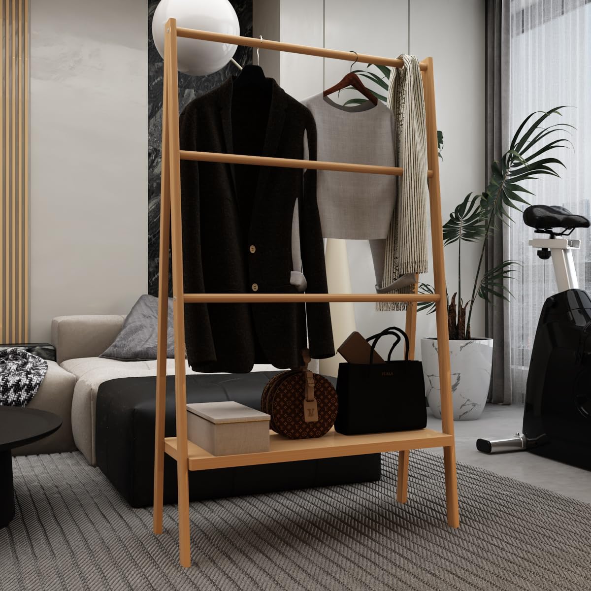 Bamboo Ladder Towel Rack - Blanket Holder with Storage Shelf for Bathroom & Living Room, Freestanding 30.16" L x 12.01" W x 51" H, Eco-Friendly