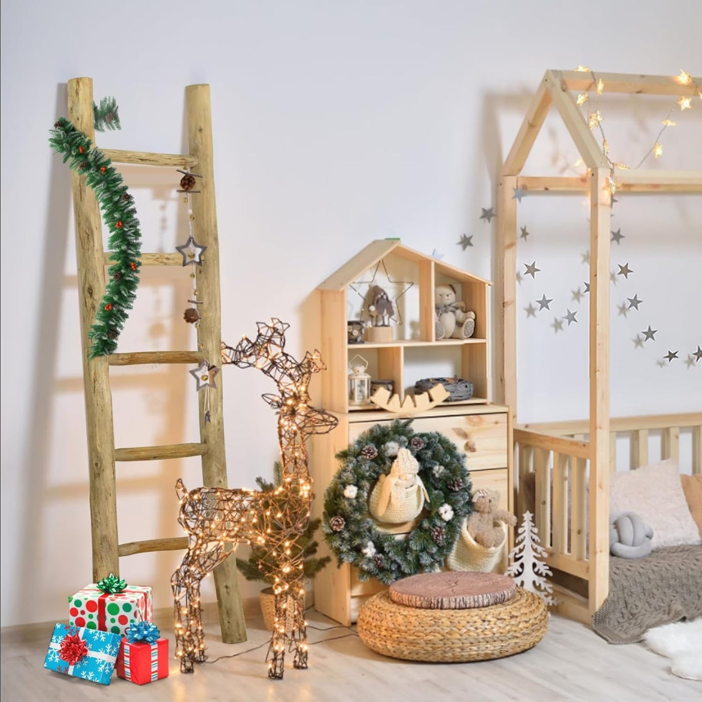 Fully Assembled Wood Ladder for Blankets, 5-Layer Structure Towel Rack, Farmhouse Style, Durable and Convenient Throw Blanket Ladder, Living Room Decoration