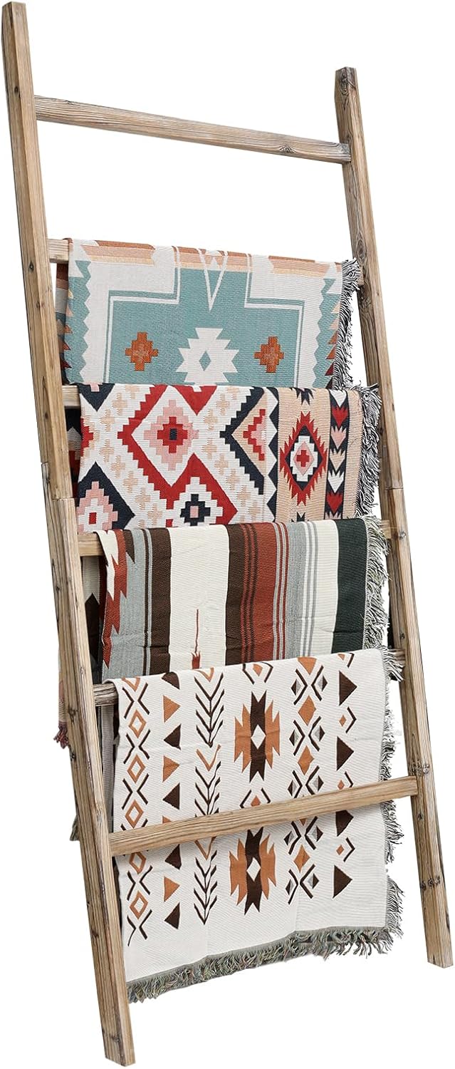 FUIN Extra Wide 6.4ft Wooden Blanket Ladder Living Room Decorative Wal Leaning Farmhouse Quilt Display Holder Rustic Wood Towel Rack for Bathroom, Brown, 38 inch Wide