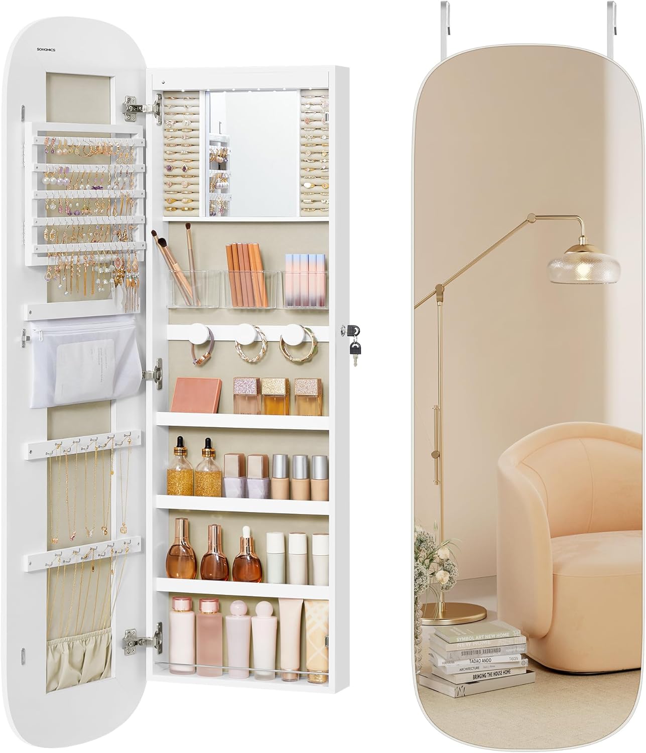 SONGMICS Jewelry Organizer, LED Jewelry Cabinet Wall/Door Mounted, Lockable Rounded Wide Mirror with Storage, Interior Mirror, 3.9 x 16.5 x 42.5 Inches, White Surface with Greige Lining