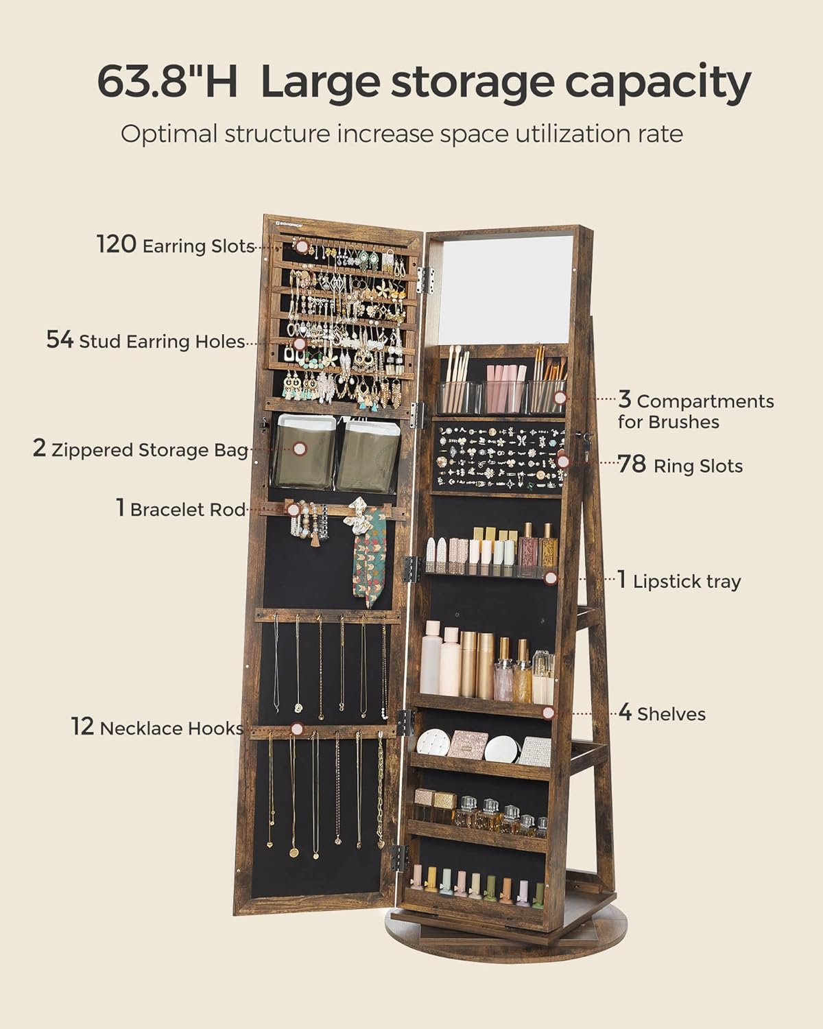 SONGMICS 360° Swivel Jewelry Cabinet, Lockable Jewelry Organizer with Full-Length Mirror, Rear Storage Shelves, Interior Mirror, Jewelry Armoire, Gift Idea, Rustic Brown UJJC006X01