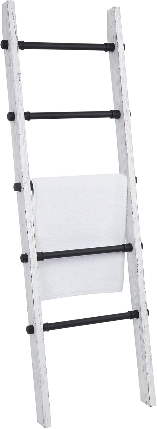 MyGift Rustic Blanket Ladder, Burnt Wood Throw Quilt Rack, Farmhouse Style with 5 Black Metal Rungs, Bathroom Towel Ladder Storage Rack