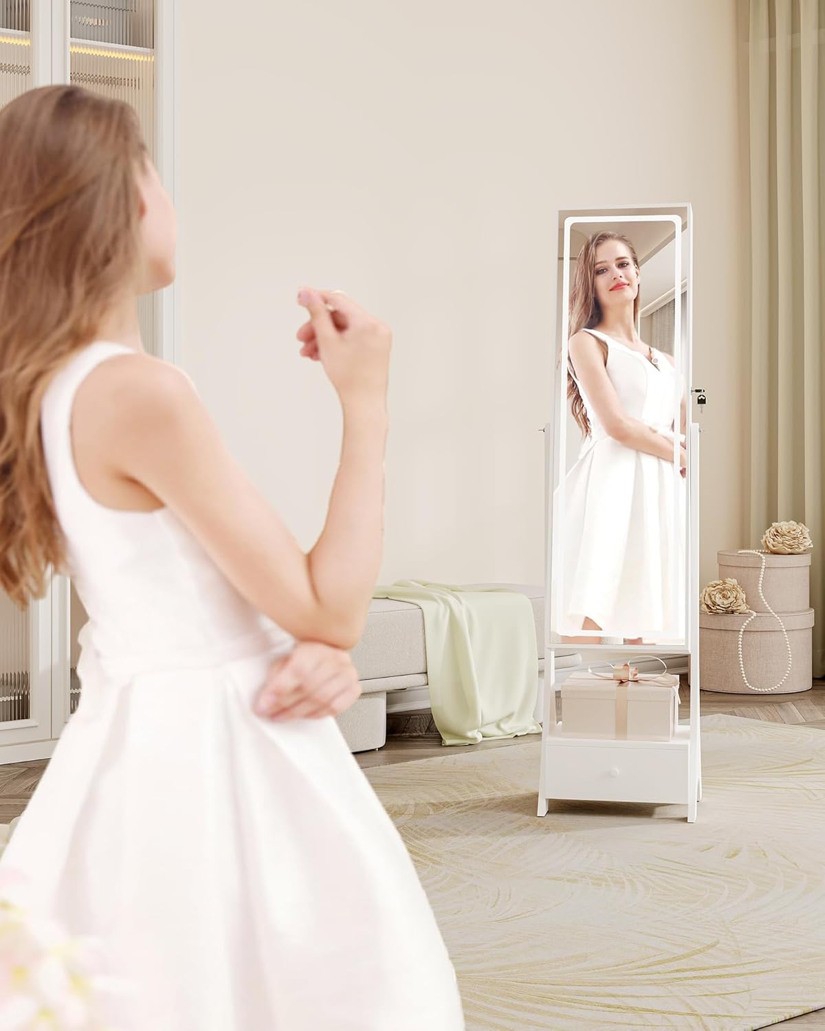 Jewelry Cabinet Armoire with Led Mirror, Full Length Mirror Storage, Lockable Standing Jewelry Mirror Cabinet, Jewelry Armoire Organizer with Drawer, Shelves, White JC35403B