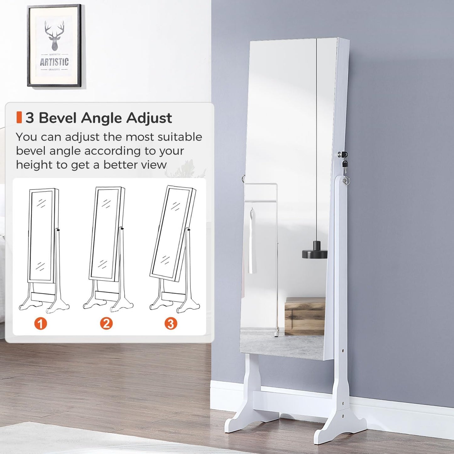 GISSAR Jewelry Organizer Full Length Mirror Jewelry Cabinet Standing/Wall/Hanging Door Jewelry Armoire Storage with Lights, Lockable, White
