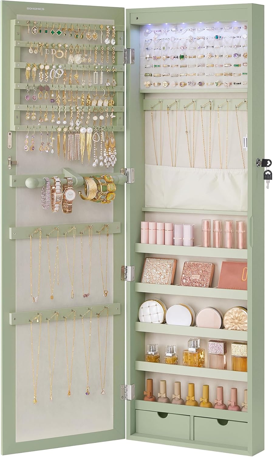 SONGMICS 6 LEDs Mirror Jewelry Cabinet, 47.2-Inch Tall Lockable Wall or Door Mounted Jewelry Armoire Organizer with Mirror, 2 Drawers, 3.9 x 14.6 x 47.2 Inches, White UJJC93W