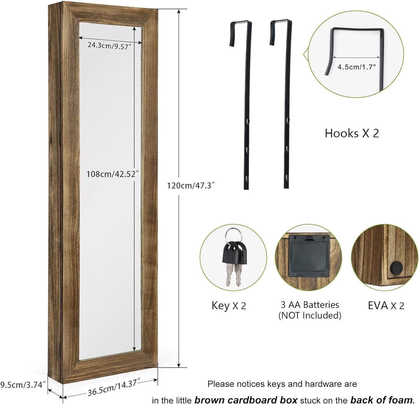 SRIWATANA Jewelry Armoire Cabinet, Solid Wood Jewelry Organizer with Full Length Mirror Wall/Door Mounted(Carbonized Black)