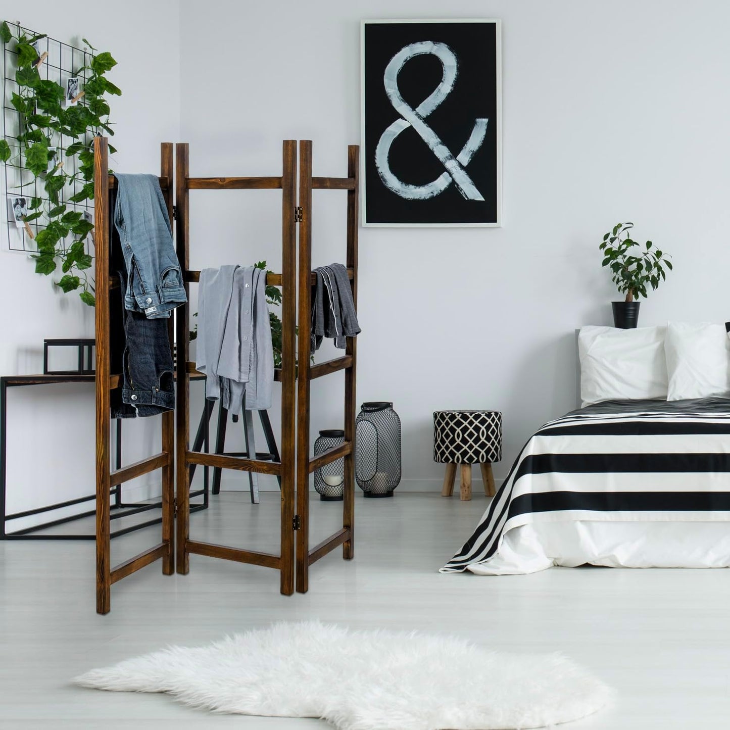 MyGift 3 Panel Solid Burnt Wood Blanket Ladder and Towel Rack, Decorative Free Standing Folding Room Divider for Blankets, Quilts, Throws, Towels, Clothing