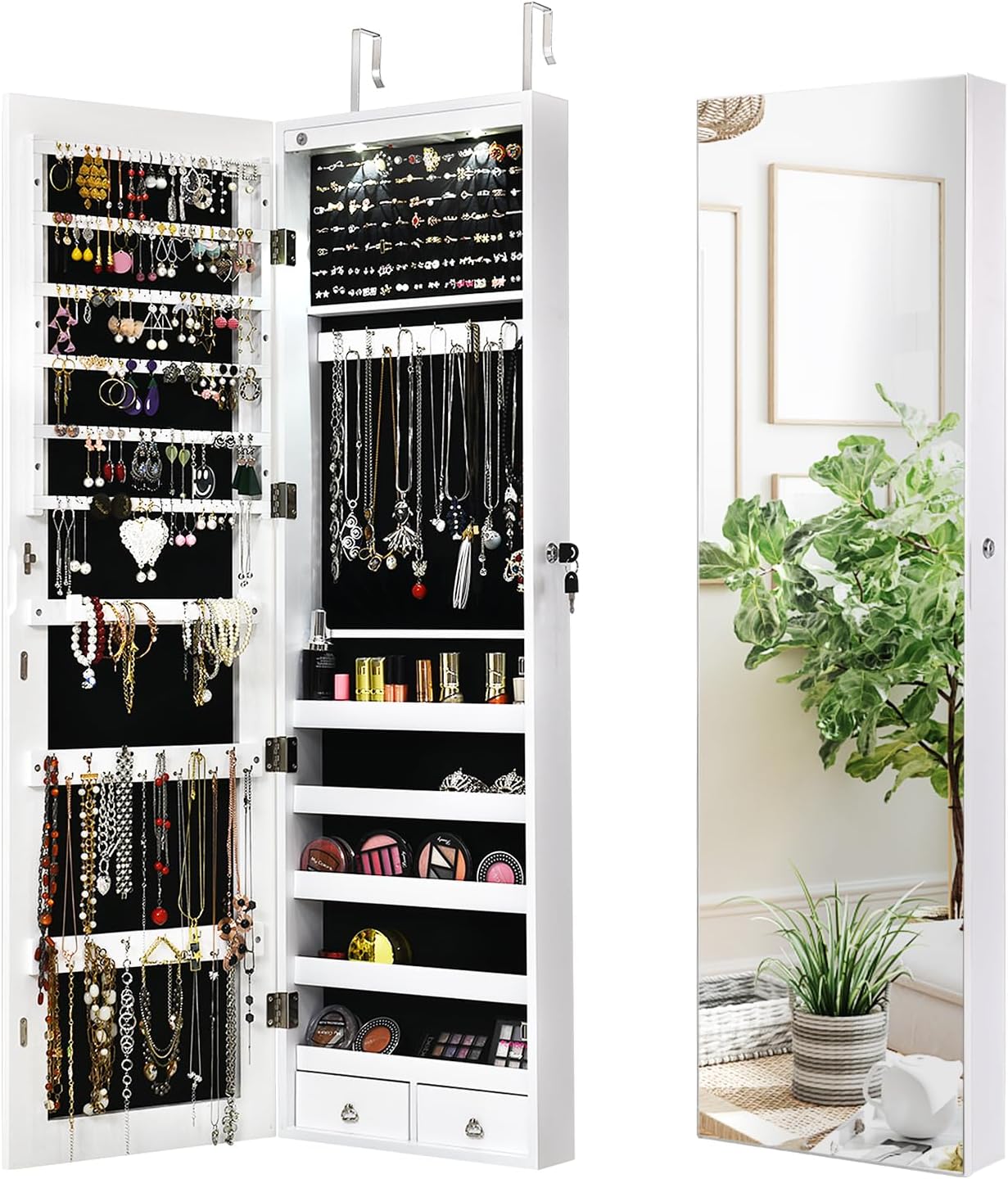 NAFORT 2 LEDs Mirror Jewelry Cabinet, 47.5-Inch Tall Wall or Door Mounted Jewelry Organizers and Storage with Frameless Full-length Mirror, Lockable Jewelry Armoire with 2 Drawers, Espresso