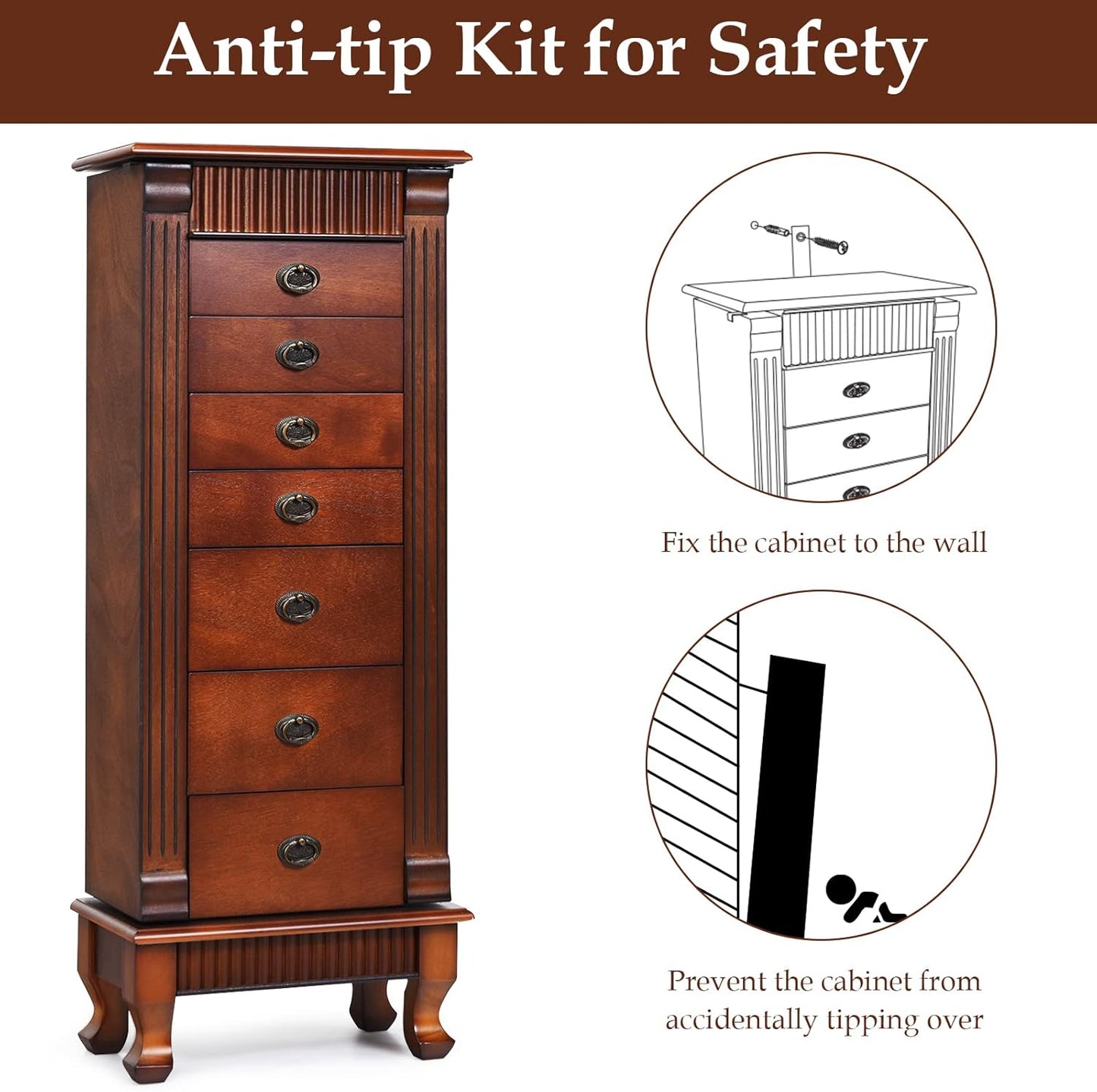 Standing Jewelry Armoire Cabinet, Large Jewelry Organizer Chest with 7 Drawers, 2 Swing Doors, 12 Necklace Hooks & Top Flip Makeup Mirror, Wooden Jewelry Box Storage Cabinet