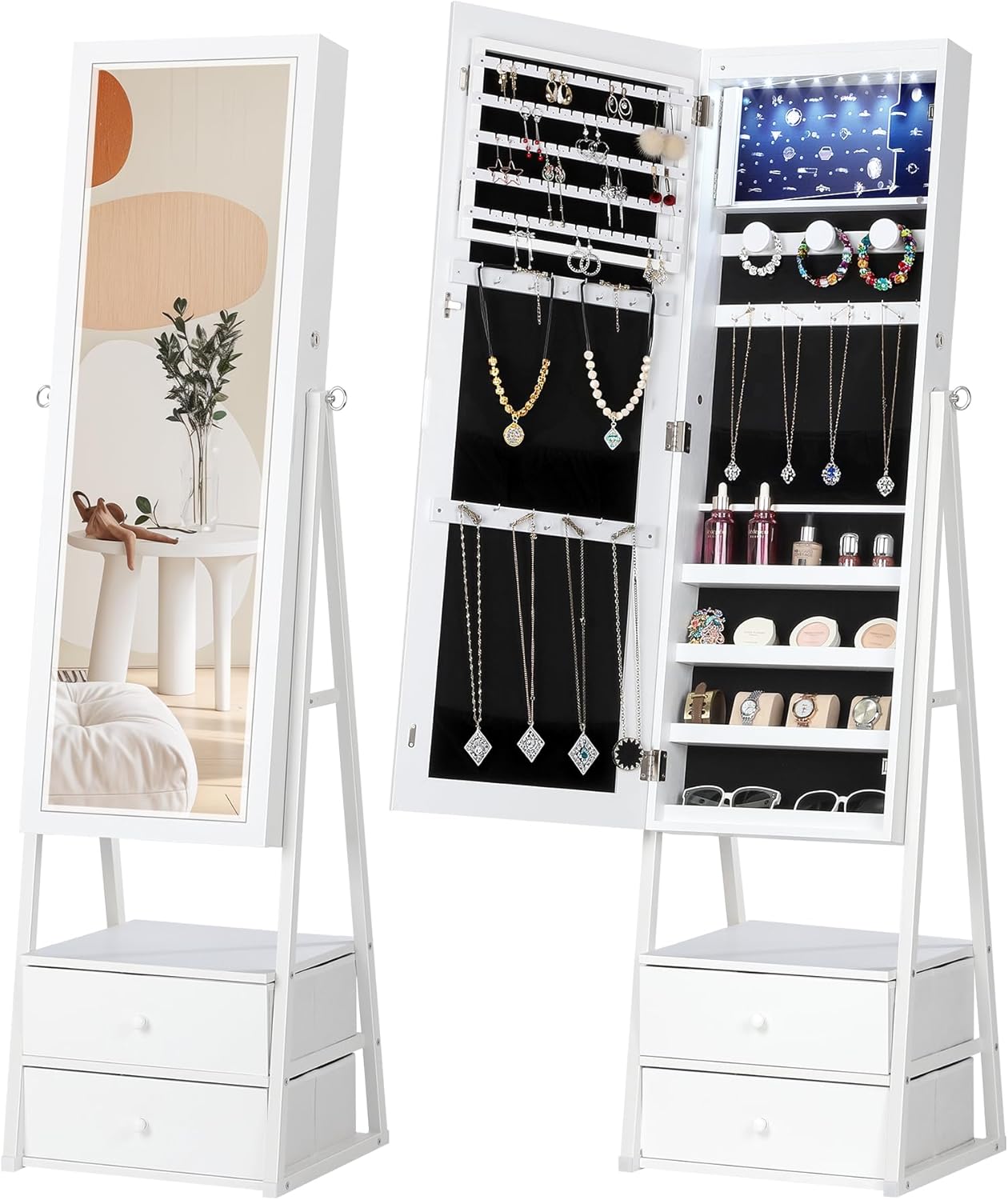 Nicetree LED Jewelry Cabinet Armoire with 2 Drawers, Lockable Standing Mirror Jewelry Cabinet, Full Length Mirror with Jewelry Storage, Christmas Gifts, White