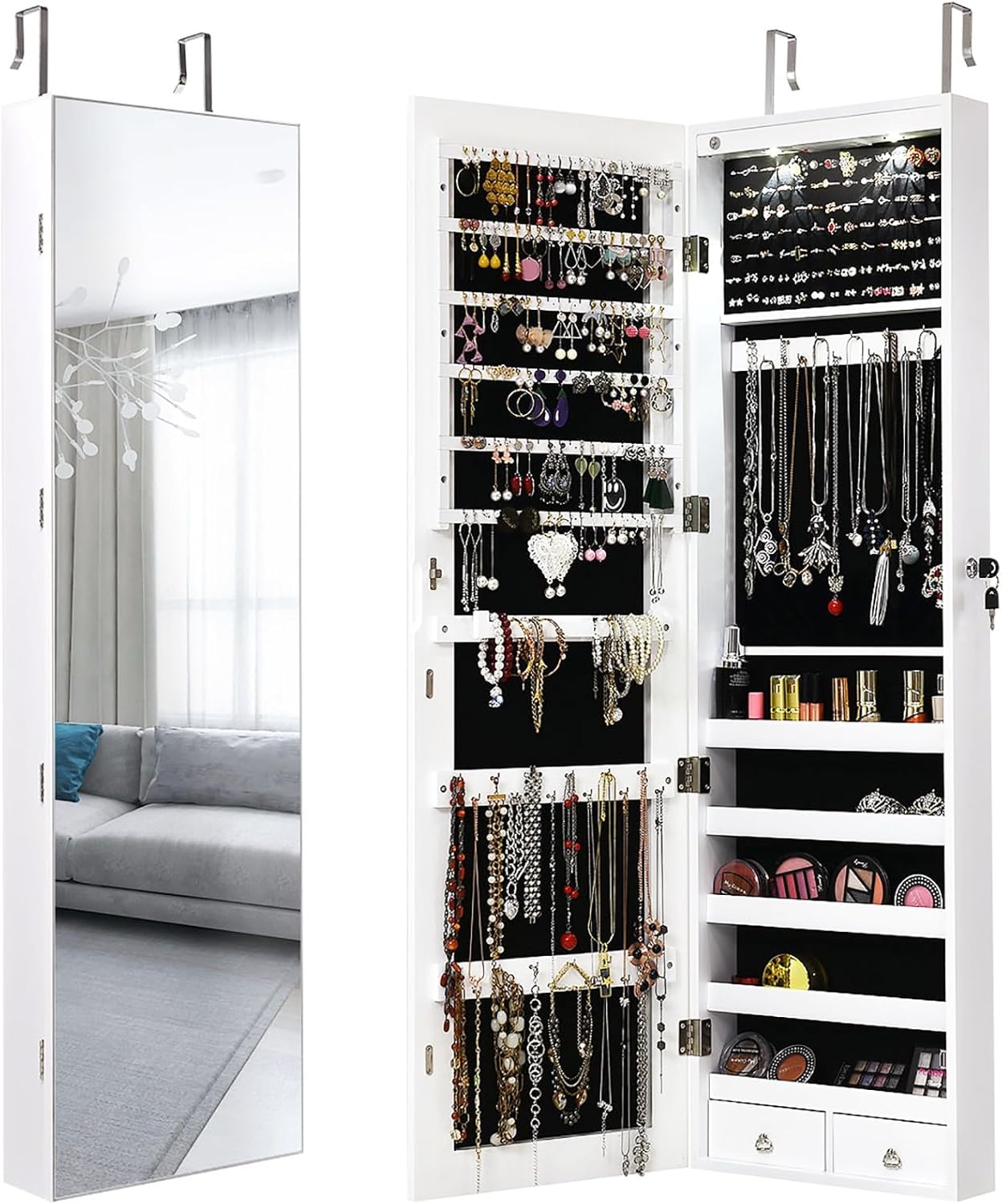 Giantex Wall Door Mounted Jewelry Armoire Cabinet with 47.5" H Full Length Mirror, 2 LEDs Lockable Jewelry Organizer Box with Bracelet Rod, 2 Drawers, Large Storage Capacity (Black)
