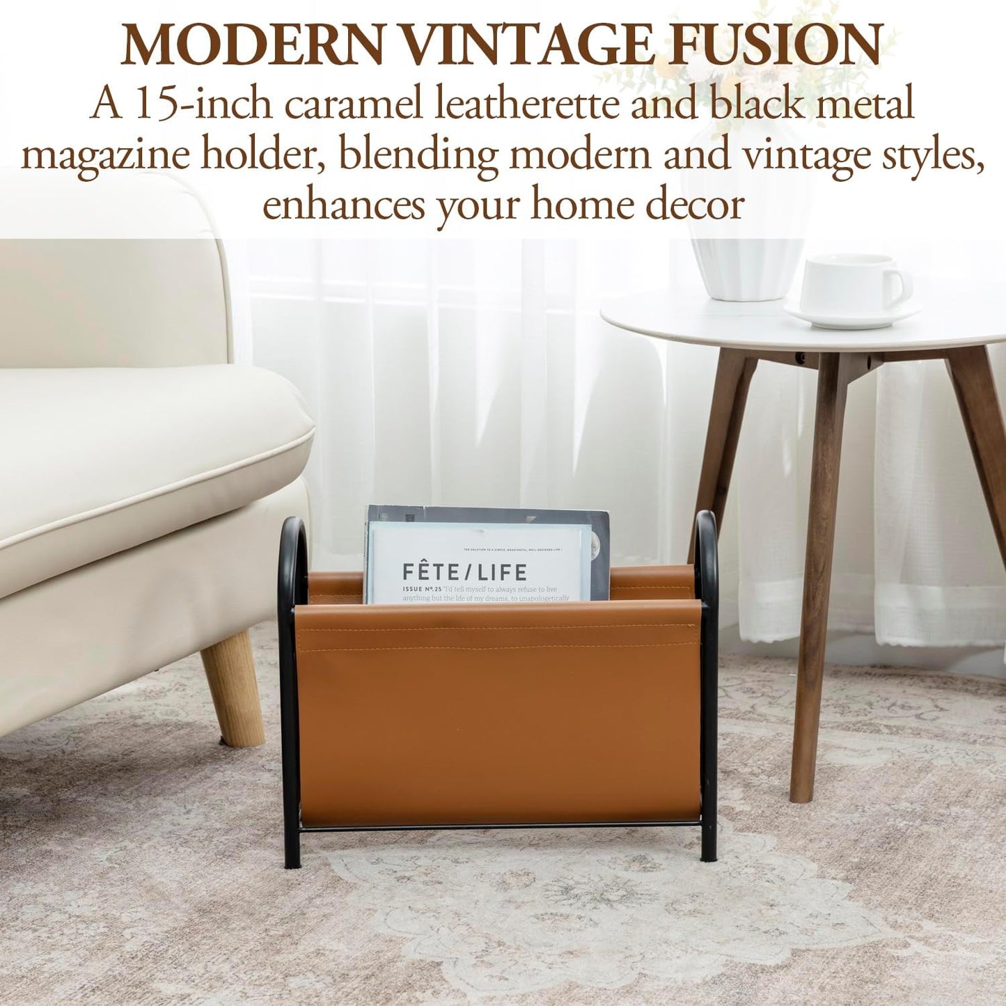 MyGift 15 Inch Modern Caramel Leatherette and Black Metal Magazine Holder with Round Handles, Floor Standing Faux Leather Book Storage Newspaper Rack, Home Bathroom Decor