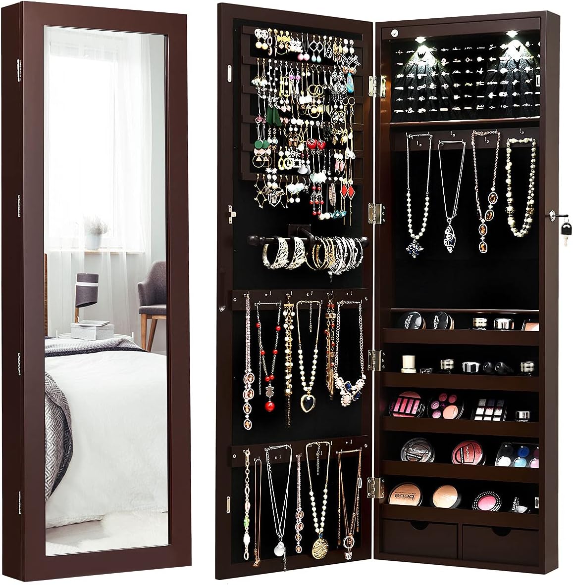 Giantex Wall Door Mounted Jewelry Armoire Cabinet with 47.5" H Full Length Mirror, 2 LEDs Lockable Jewelry Organizer Box with Bracelet Rod, 2 Drawers, Large Storage Capacity (Black)