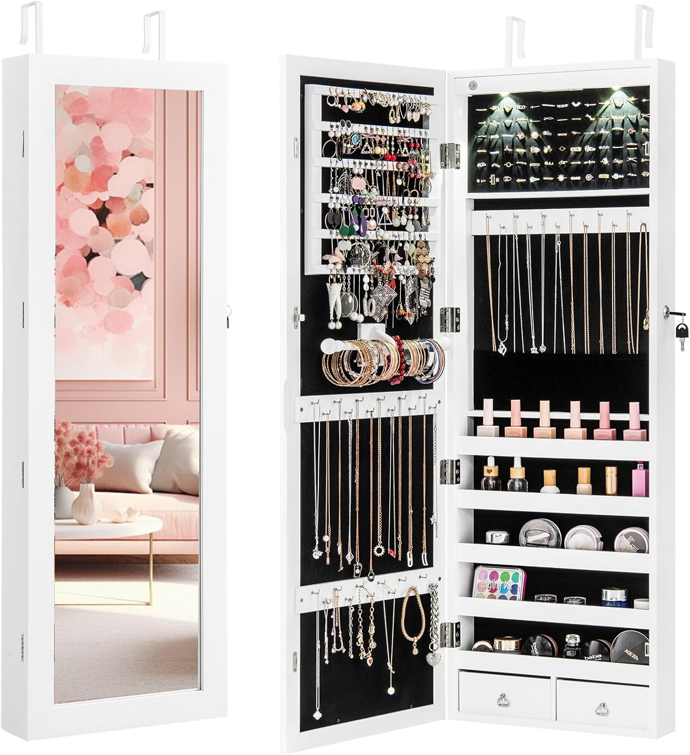 Giantex Wall Door Mounted Jewelry Armoire Cabinet with 47.5" H Full Length Mirror, 2 LEDs Lockable Jewelry Organizer Box with Bracelet Rod, 2 Drawers, Large Storage Capacity (Black)