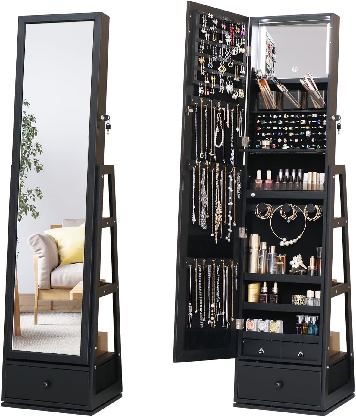 Rotatable Full Length Mirror Jewelry Cabinet Standing With Built-In Mirror - 63.7”H Lockable Jewelry Armoire With Mirror Drawers and 3 Storage Racks Christmas Gift for Wife White