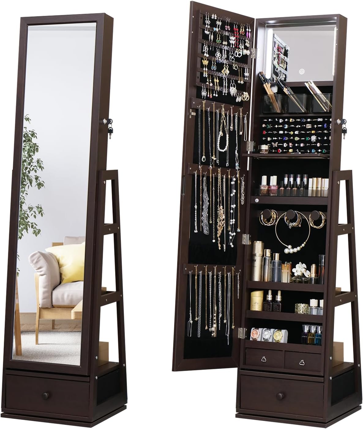 Rotatable Full Length Mirror Jewelry Cabinet Standing With Built-In Mirror - 63.7”H Lockable Jewelry Armoire With Mirror Drawers and 3 Storage Racks Christmas Gift for Wife White