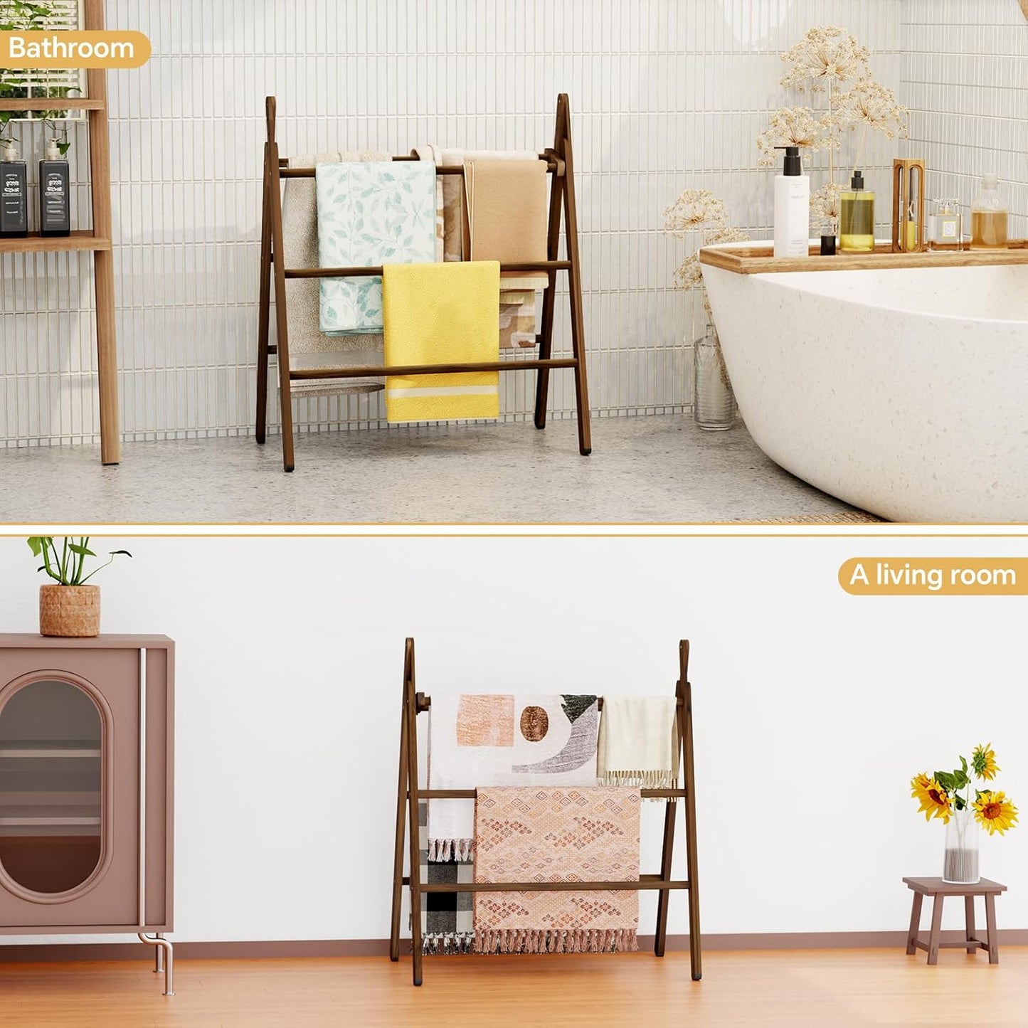 6-Tier Wide Double Blanket Ladder Wood, Rustic Decorative Towel Rack for Big Blanket, Towel, Quilt, Clothes, Freestanding Blanket Holder Towel Ladder Decor Stand for Living Room, Bedroom, Brown