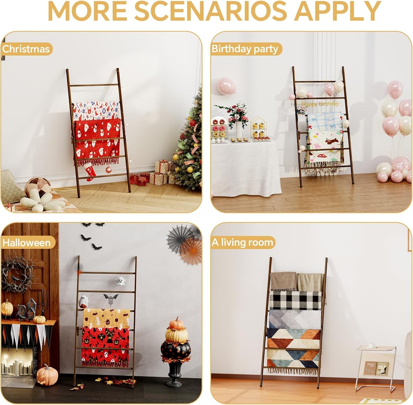 6-Tier Wide Double Blanket Ladder Wood, Rustic Decorative Towel Rack for Big Blanket, Towel, Quilt, Clothes, Freestanding Blanket Holder Towel Ladder Decor Stand for Living Room, Bedroom, Brown