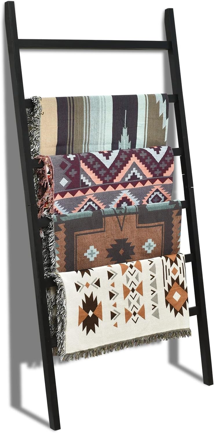 FUIN Extra Wide 6.4ft Wooden Blanket Ladder Living Room Decorative Wal Leaning Farmhouse Quilt Display Holder Rustic Wood Towel Rack for Bathroom, Brown, 38 inch Wide