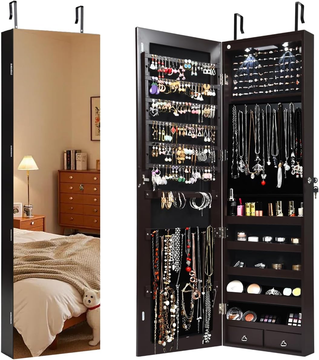 Giantex Wall Door Mounted Jewelry Armoire Cabinet with 47.5" H Full Length Mirror, 2 LEDs Lockable Jewelry Organizer Box with Bracelet Rod, 2 Drawers, Large Storage Capacity (Black)