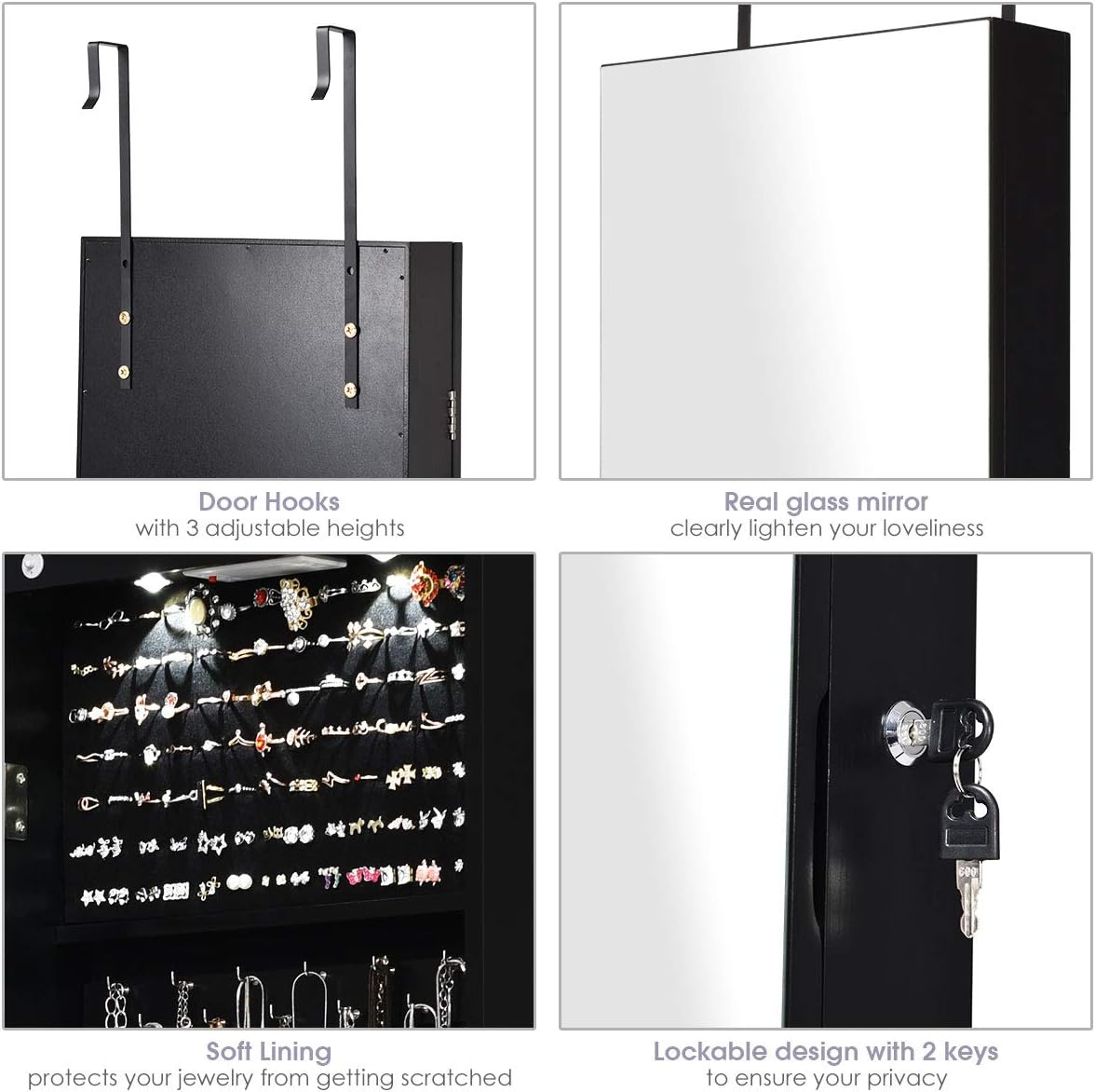 Giantex Wall Door Mounted Jewelry Armoire Cabinet with 47.5" H Full Length Mirror, 2 LEDs Lockable Jewelry Organizer Box with Bracelet Rod, 2 Drawers, Large Storage Capacity (Black)