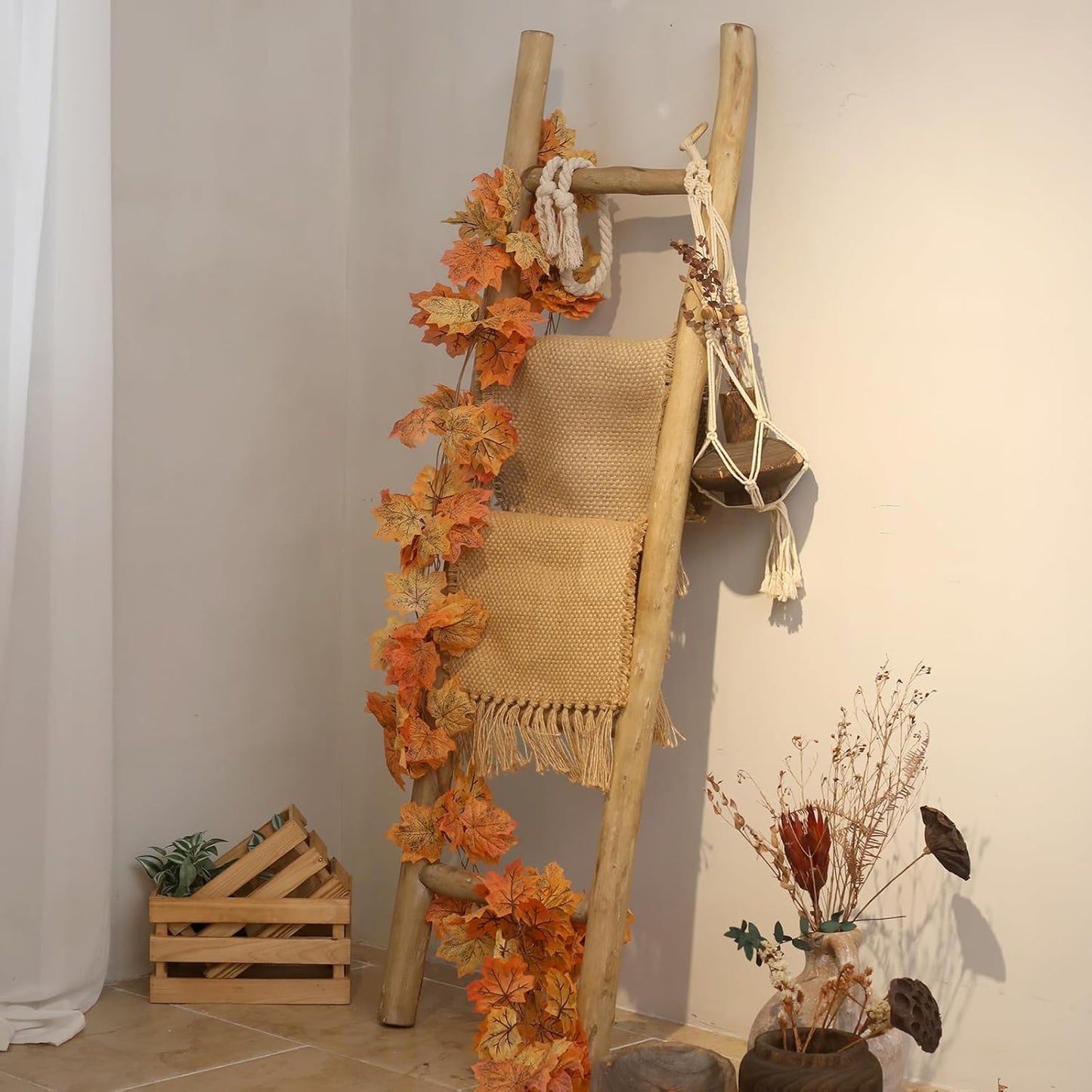 FUIN Fully Assembled 57in Wood Blanket Ladder Living Room Decorative Wall Leaning Farmhouse Quilt Display Holder Rustic Wooden Towel Rack for Bathroom, Brown
