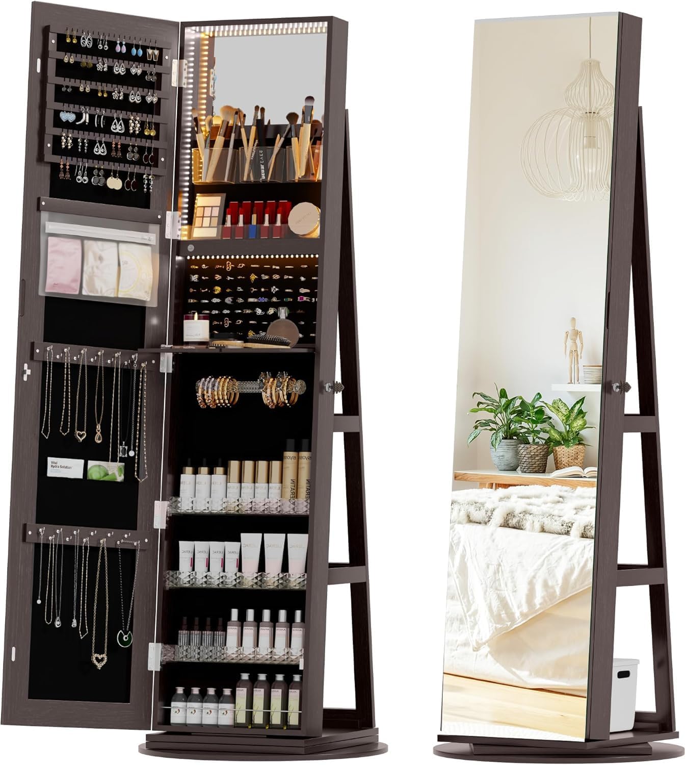 Full-Length Mirror Jewelry Cabinet with LED Lights, Lockable Jewelry Organizer with Mirror, 360° Swivel Wooden Jewelry Armoire, Standing Organizer for Women and Girls