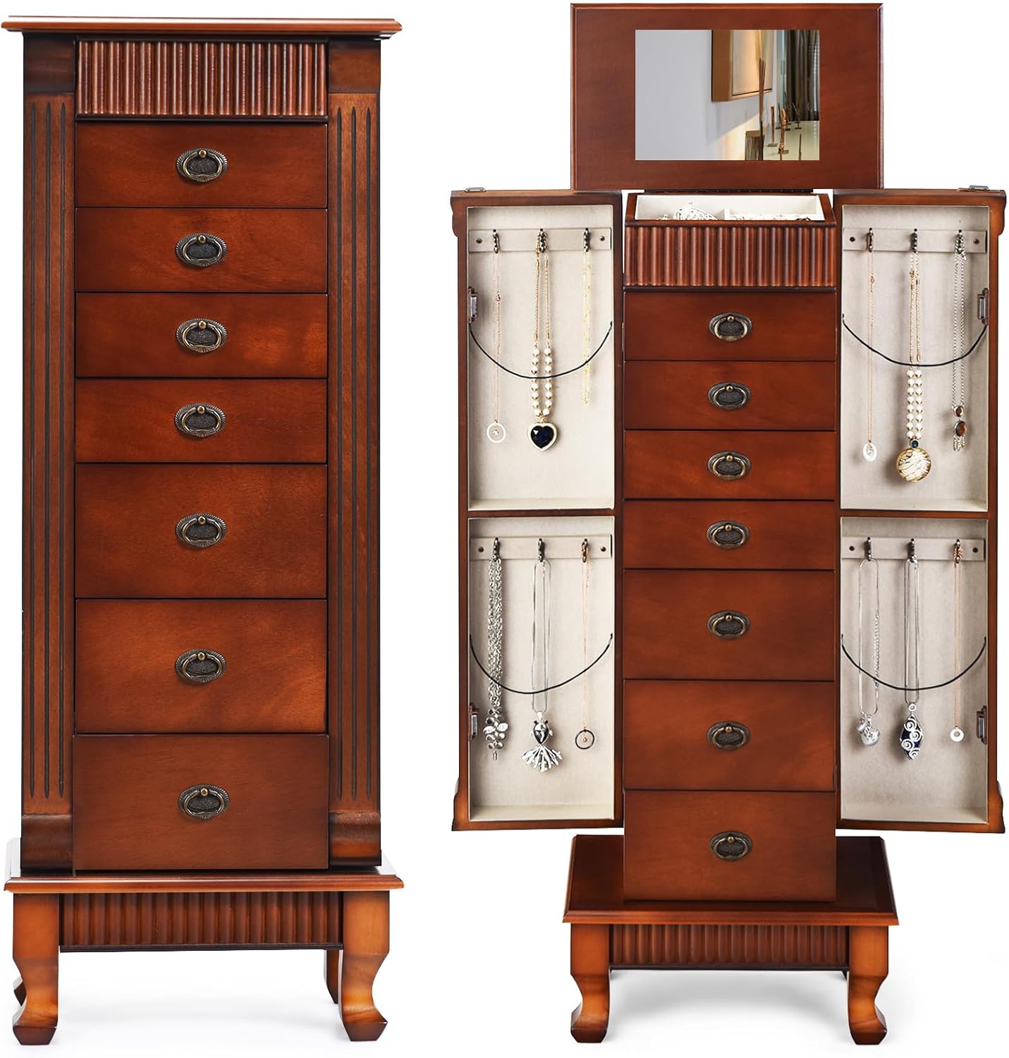 Standing Jewelry Armoire Cabinet, Large Jewelry Organizer Chest with 7 Drawers, 2 Swing Doors, 12 Necklace Hooks & Top Flip Makeup Mirror, Wooden Jewelry Box Storage Cabinet