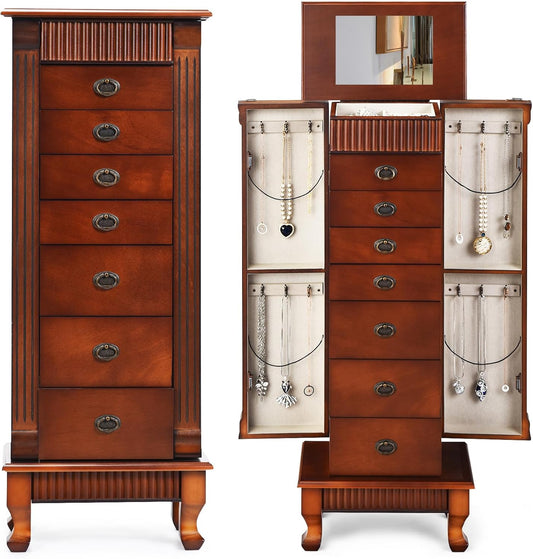 Standing Jewelry Armoire Cabinet, Large Jewelry Organizer Chest with 7 Drawers, 2 Swing Doors, 12 Necklace Hooks & Top Flip Makeup Mirror, Wooden Jewelry Box Storage Cabinet