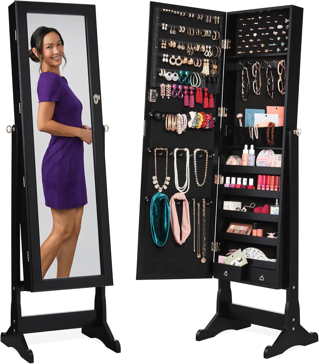 Best Choice Products Freestanding Jewelry Armoire Cabinet, Full Length Standing Mirror, Lockable Makeup Storage Organizer, w/Velvet Lining, 3 Angles, Lock, Accessory Pouch, 5 Shelves - White