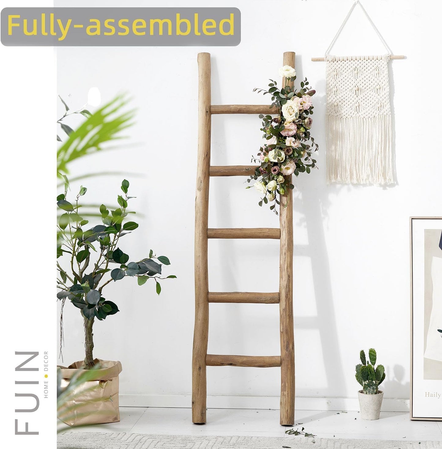 FUIN Fully Assembled 57in Wood Blanket Ladder Living Room Decorative Wall Leaning Farmhouse Quilt Display Holder Rustic Wooden Towel Rack for Bathroom, Brown