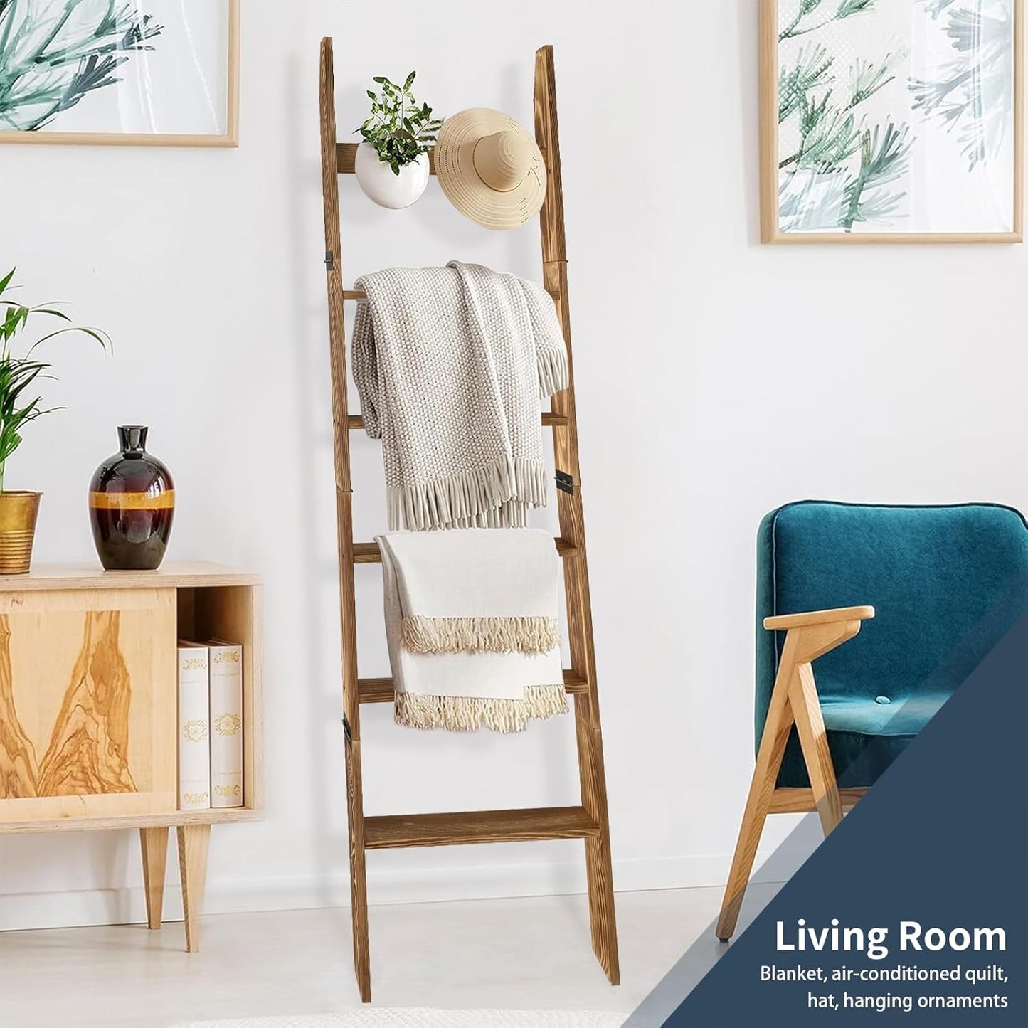 Rustic Blanket Ladder for Bedroom & Living Room - 5.66 Ft Light Brown Wooden Display Rack with 6 Tiers & 5 Hooks (Scarf/Towel Organizer)
