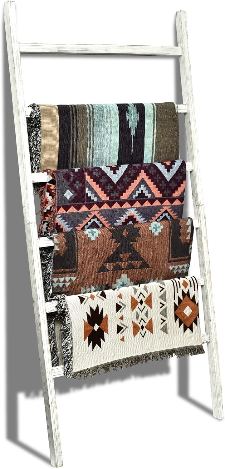FUIN Extra Wide 6.4ft Wooden Blanket Ladder Living Room Decorative Wal Leaning Farmhouse Quilt Display Holder Rustic Wood Towel Rack for Bathroom, Brown, 38 inch Wide