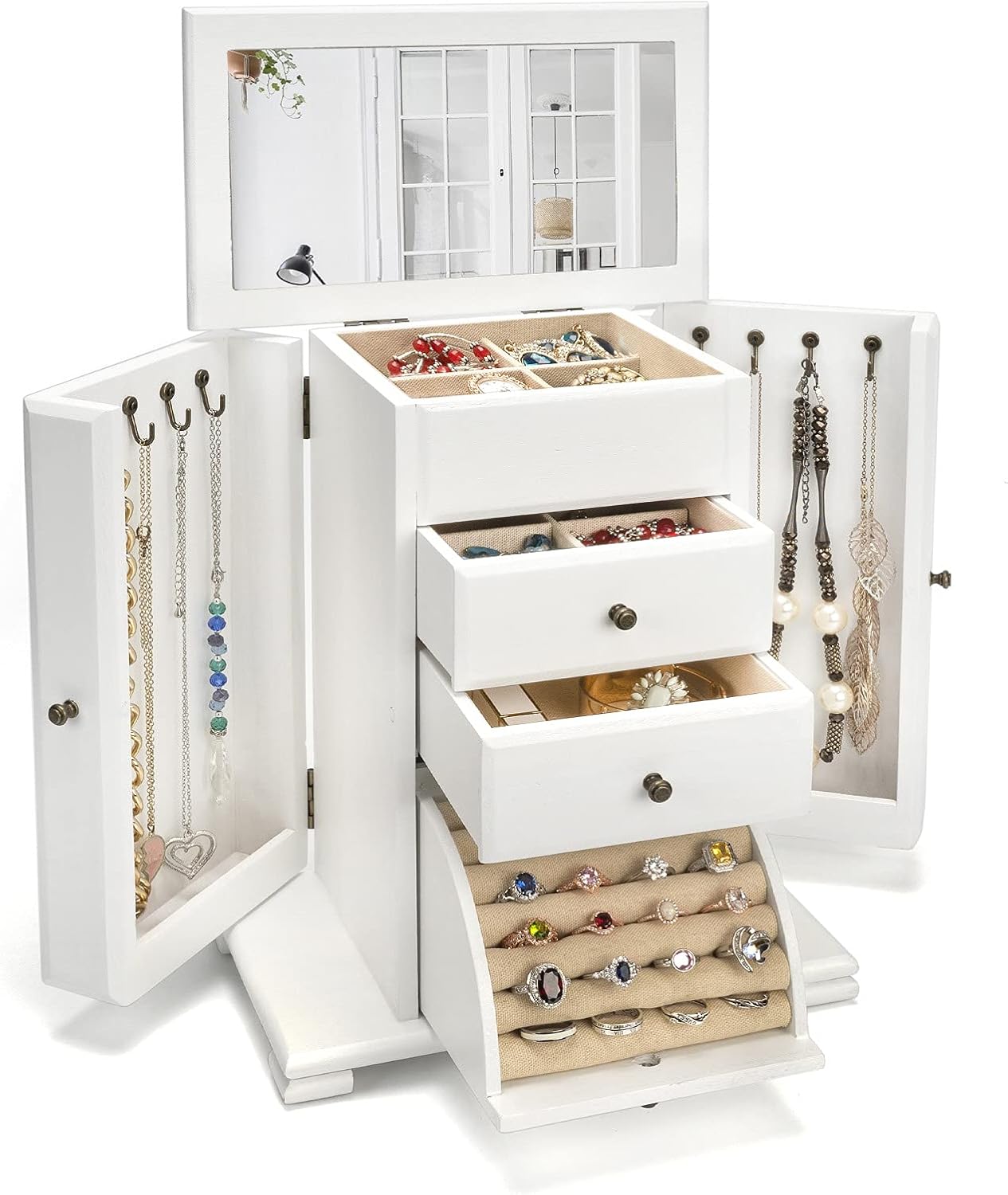 Standing Jewelry Armoire, 7 Drawers & 2 Side Doors Jewelry Amoire Cabinet Standing with Top Flip Makeup Mirror, Jewelry Chest Jewelry Boxes