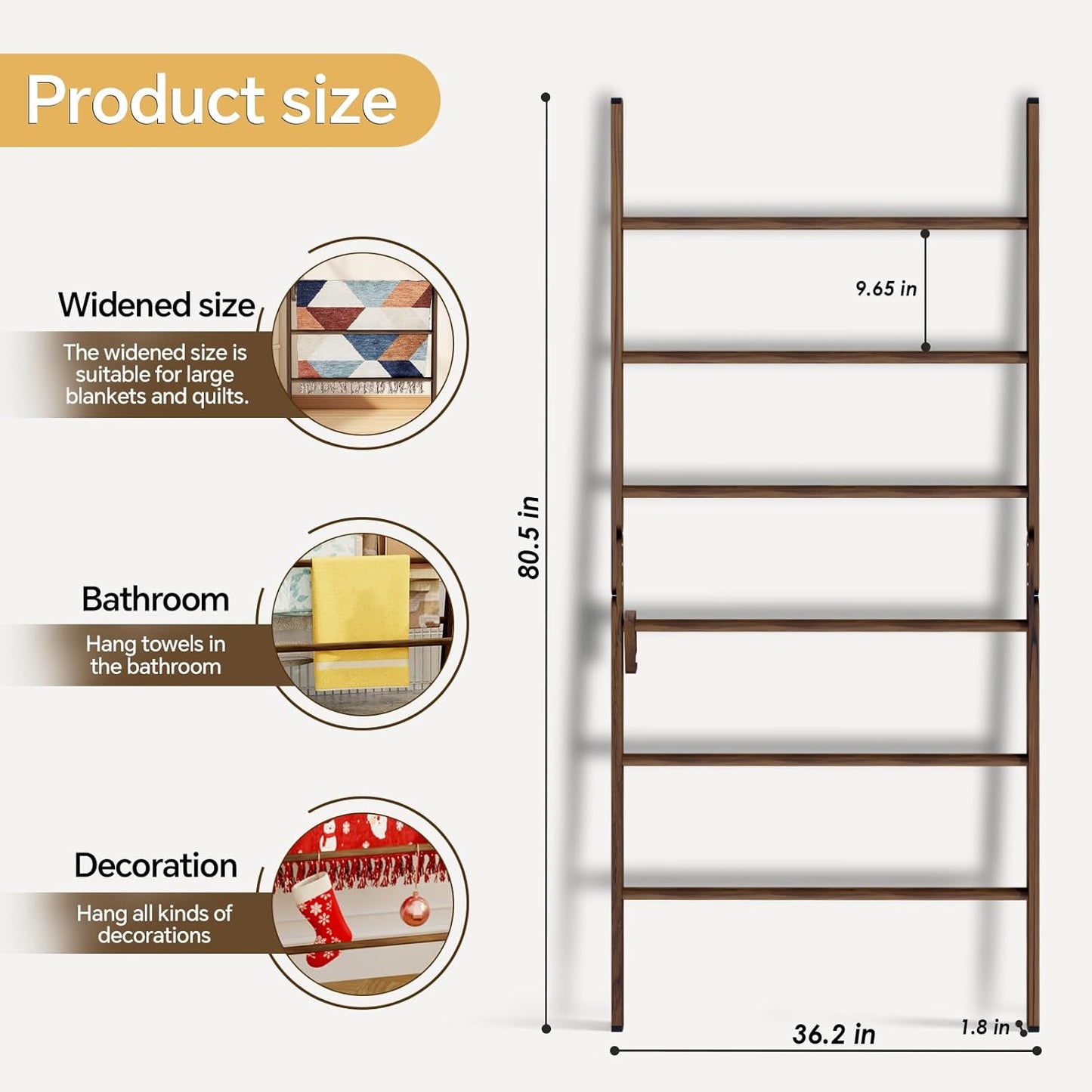 6-Tier Wide Double Blanket Ladder Wood, Rustic Decorative Towel Rack for Big Blanket, Towel, Quilt, Clothes, Freestanding Blanket Holder Towel Ladder Decor Stand for Living Room, Bedroom, Brown