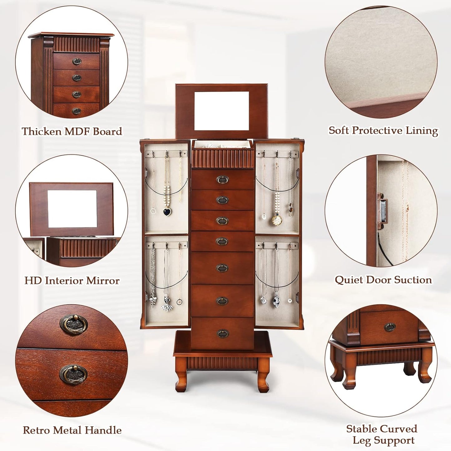 Standing Jewelry Armoire Cabinet, Large Jewelry Organizer Chest with 7 Drawers, 2 Swing Doors, 12 Necklace Hooks & Top Flip Makeup Mirror, Wooden Jewelry Box Storage Cabinet