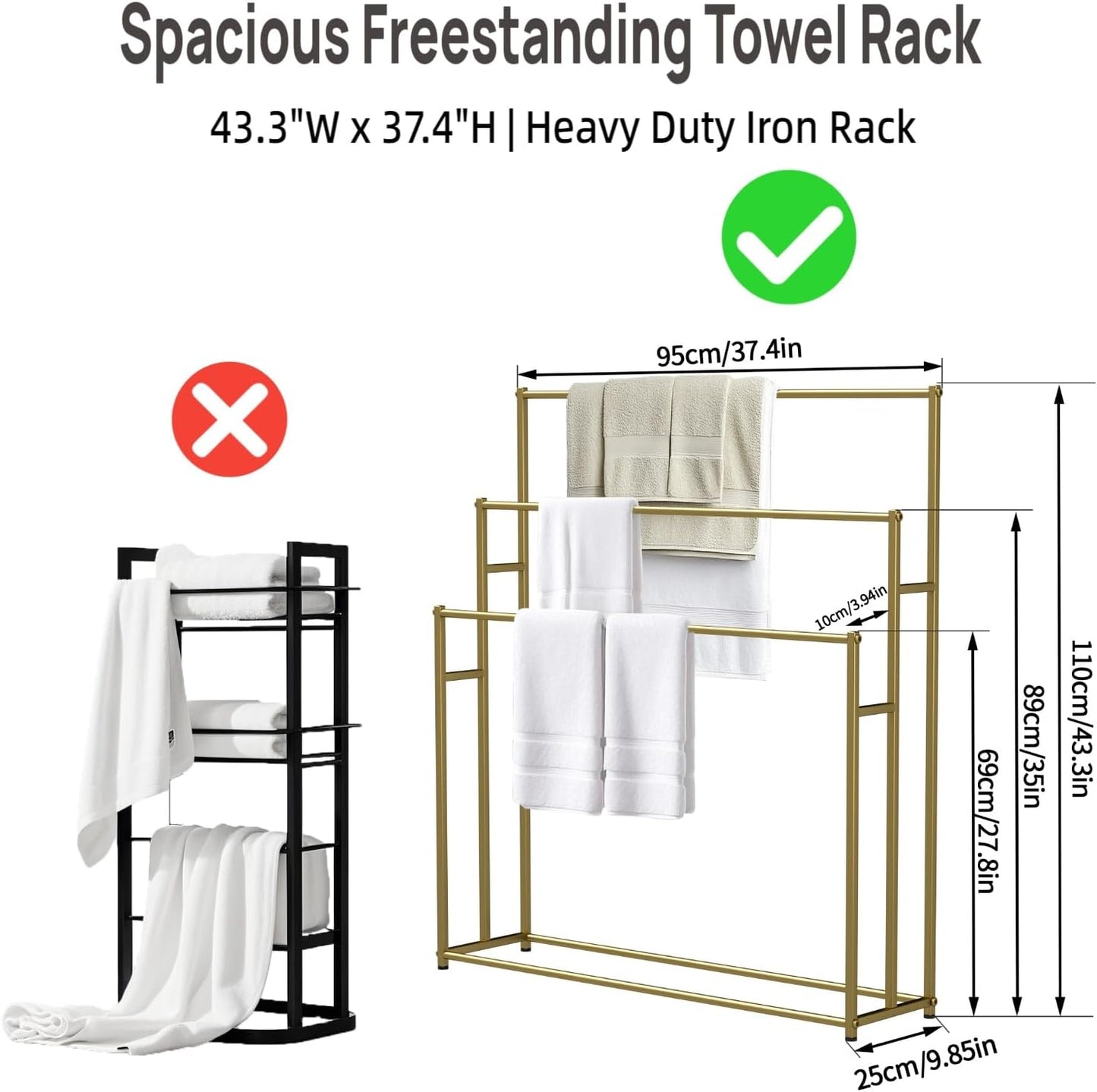 Large Size Standing Towel Racks for Bathroom, Freestanding 3 Tiers Modern Blanket Rack for Living Room, Metal Towel Ladder (Golden)